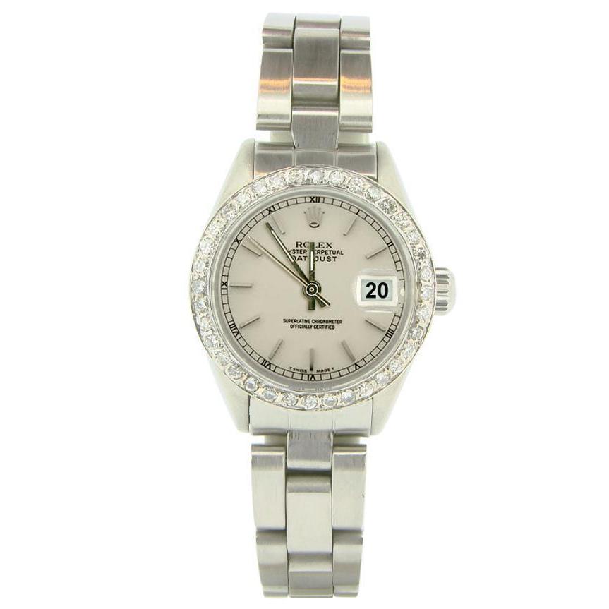 Silver Stick Dial Diamond Bezel Ladies Watch Rolex Date Bracelet Rolex