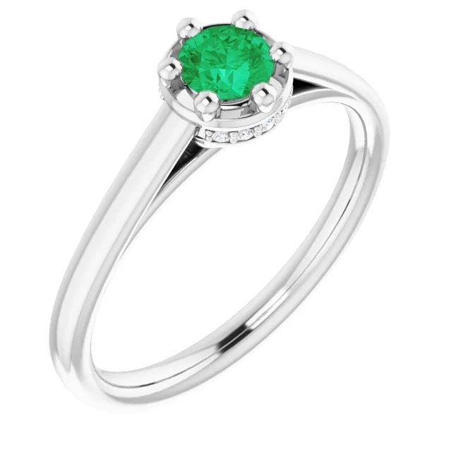 New Style Six Prong Green Emerald Round White Gold  Gemstone Ring