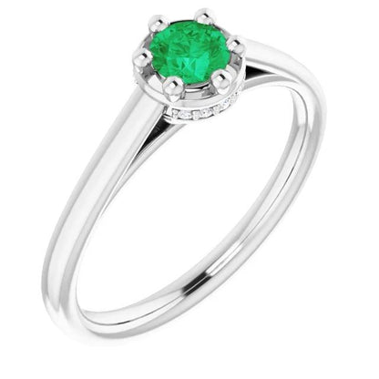New Style Six Prong Green Emerald Round White Gold  Gemstone Ring