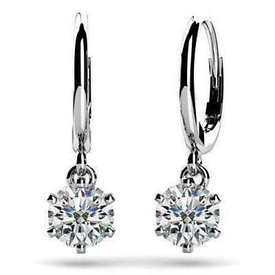 Six Prong Setting Round Cut 2 Carats Diamond Drop Earring White Gold Dangle Earrings