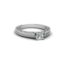 Solitaire Princess 1 Carat Diamond Antique Look Ring White Gold 14K