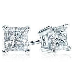 Solitaire Princess Cut Natural Real ( Not Lab Grown ) Diamond Stud Earring 3 Carats White Gold 14K