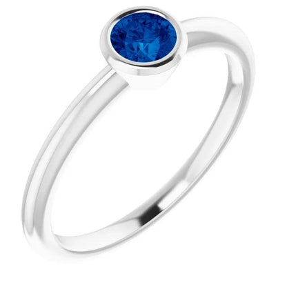 Solitaire Ring Blue Sapphire LAdies  Bezel Setting White Gold Gemstone Ring