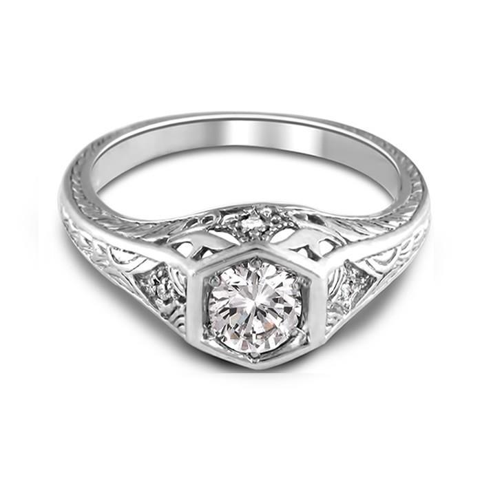 Antique Style  White Gold Round Anniversary Solitaire Ring with Accents Diamond