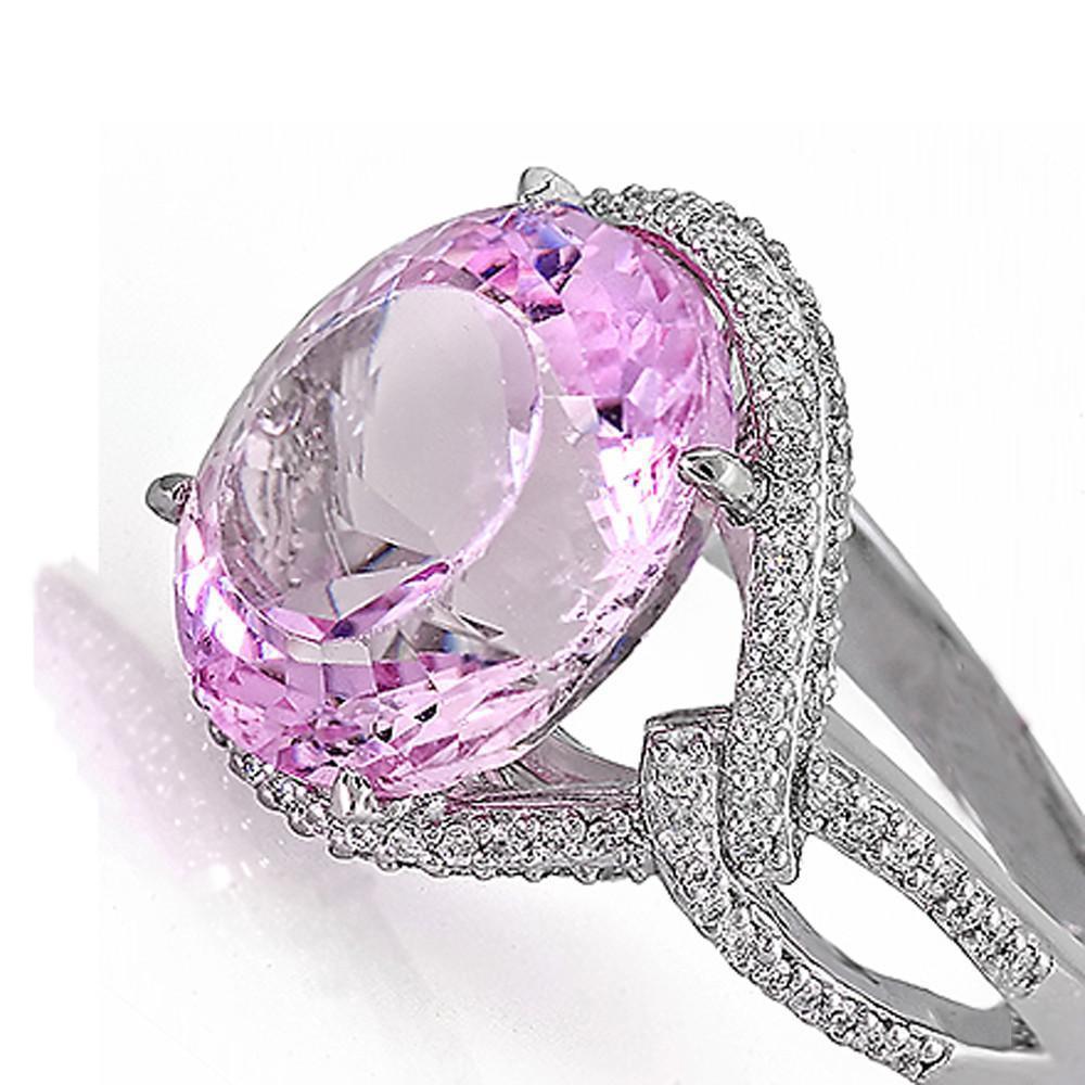 Solitaire With Accent   Sparkling Unique Lady’s  Kunzite With Diamonds Ring Gold Gemstone Ring