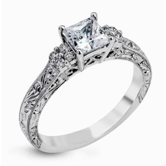Sparkling  Diamonds Antique Style Wedding Ring  White Gold Solitaire Ring with Accents