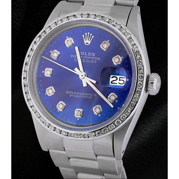 Sparkling Blue Diamond Dial Bezel Datejust Rolex Men Watch Ss Rolex