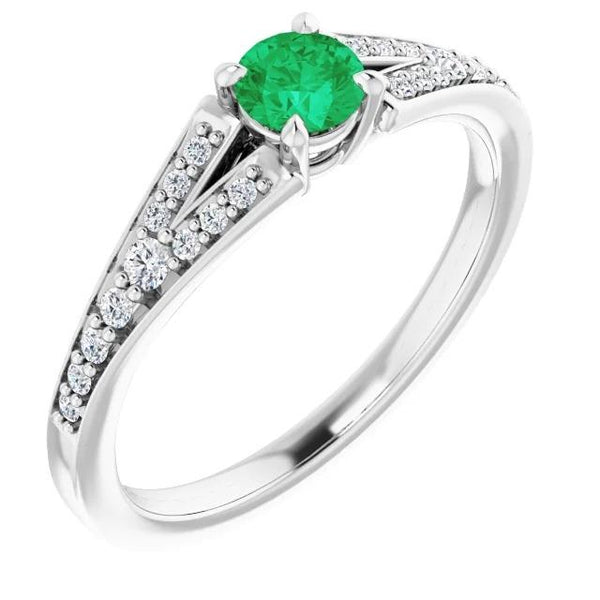 Ladies Split Shank Round Green Emerald  White Gold  Gemstone Ring