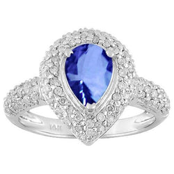 Pear & Round Sri Lankan Blue Sapphire Diamond Ring 4.40 Carat WG 14K