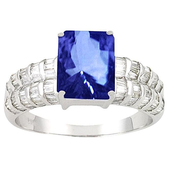 Ladies Sri Lanka Sapphire Emerald Baguette Diamonds White Gold  Gemstone Ring