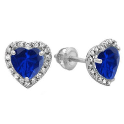 Sri Lankan Sapphire Heart & Round Diamond Stud Earring 5.80 Ct. WG 14K