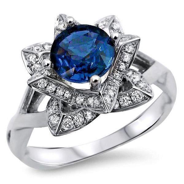 Sri Lanka Sapphire With Diamonds Lady’s Brilliant   Flower   White Gold   Gemstone Ring
