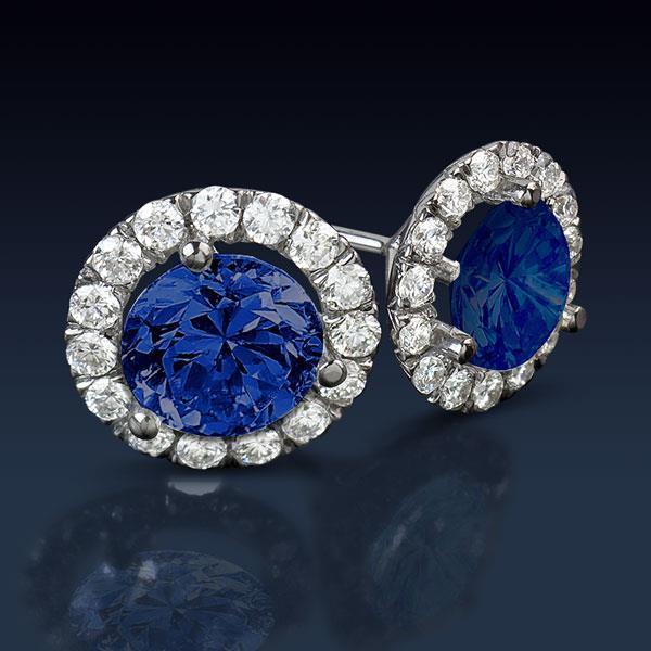 Sri Lankan Sapphire And Halo Diamond 6.40 Ct Round Cut Stud Earring Gemstone Earring