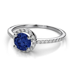 Sri Lankan Sapphire Ring Round Halo Diamond Jewelry Gold 14K 1.60 Ct