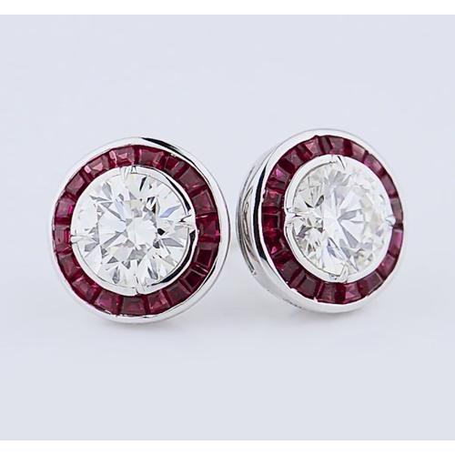 Stud Diamond Earrings 4 Carats Burma Ruby White Gold 14K Studs- Halo