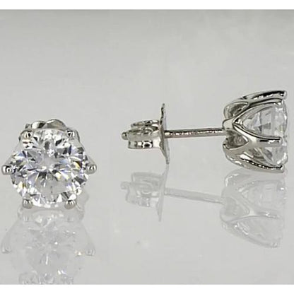 Stud Earrings Six Prong Round Diamond White Gold Stud Earrings