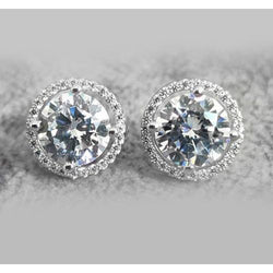 Stud Earrings Halo Round Diamonds 3.56 Carats 14K White Gold