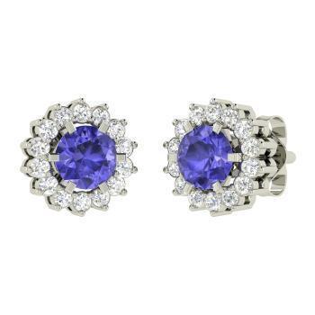 New Studs Earrings Round Cut Tanzanite With Halo Diamonds  Best  Gemstone Earring