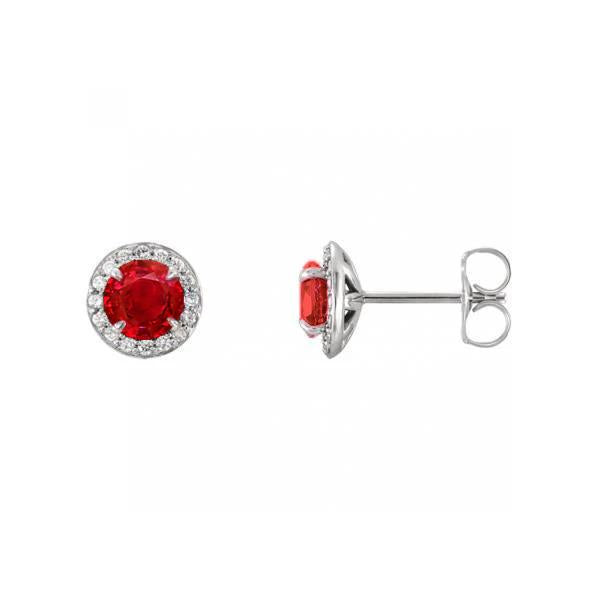 Studs Halo Earrings 14K White Red Ruby And Diamonds 4.30 Carats Women Gemstone Earring