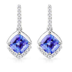 Tanzanite And Natural Earth Mined Diamond Ladies Dangle Earrings 4.60 Ct White Gold 14K