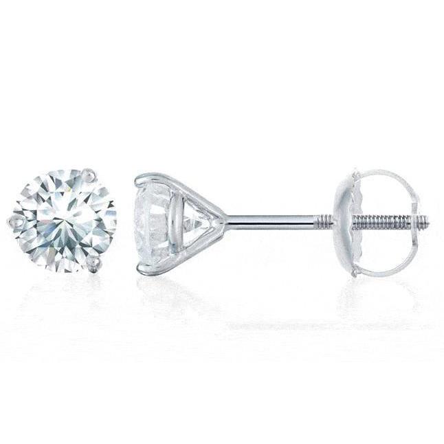 Three Prong Set  Diamonds Studs Earrings Gold White 