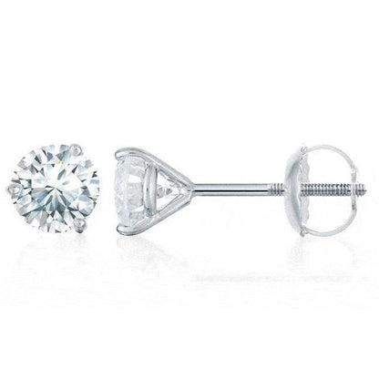 Three Prong Set  Diamonds Studs Earrings Gold White 