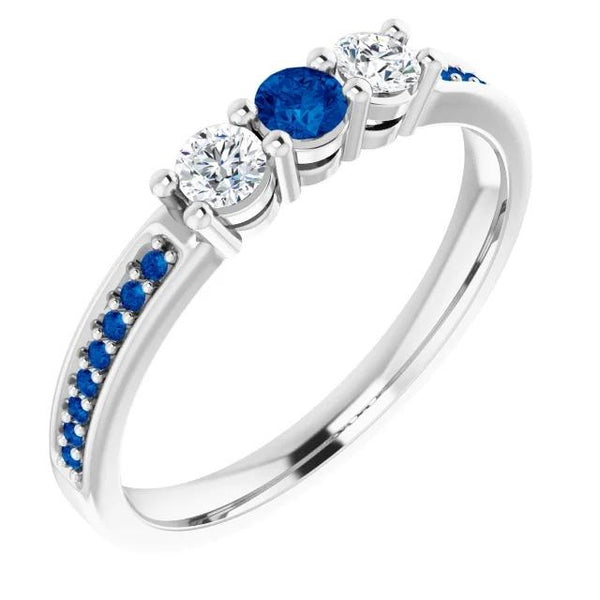 Three Stone Diamond & Blue Sapphire Ring   Gemstone Ring