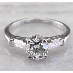 Real  3 Stone Engagement Ring 1.60 Carats Round & Baguettes White Gold 14K
