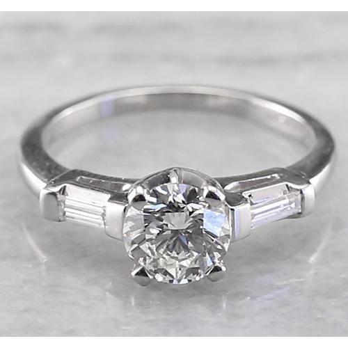3 Stone Engagement Ring 1.60 Carats Round & Baguettes White Gold 14K