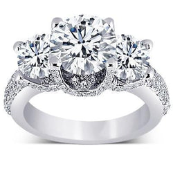 Three Stone Engagement Ring Pave Diamonds 4.75 Carat Gold White 14K
