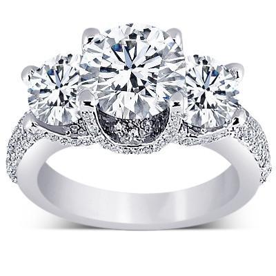 Three Stone Engagement Ring Pave Diamonds 3.31 Carat Gold White 14K Three Stone Ring