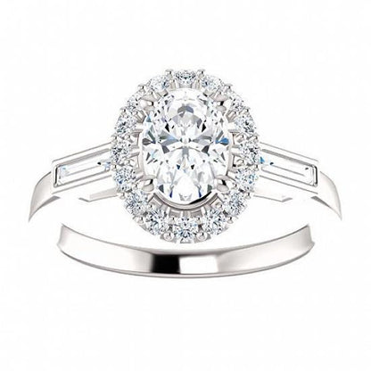 Three Stone Oval & Baguette Halo Diamond Engagement Ring Halo Ring