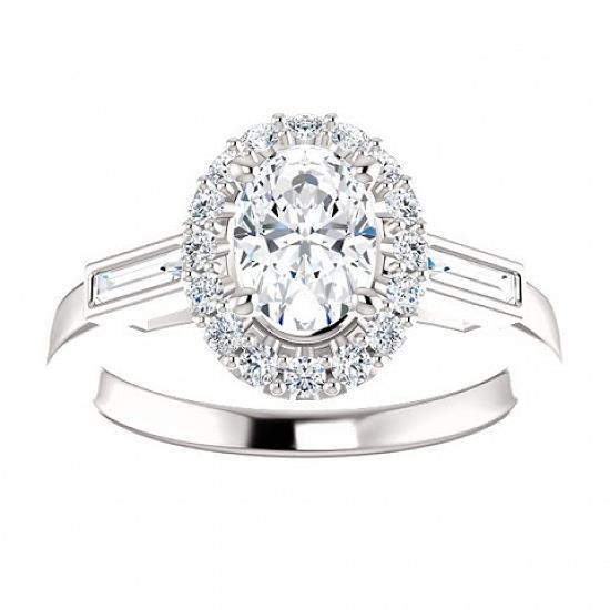 Three Stone Oval & Baguette Halo Diamond Engagement Ring Halo Ring