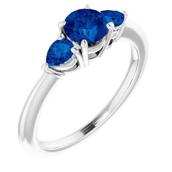 Three-Stone New  Round Ceylon Blue Sapphires White Gold  Gemstone Ring