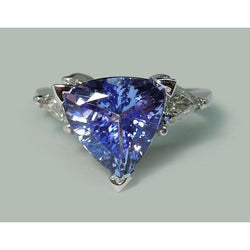 Three Stone Ring Trilliant Cut Blue Diamond Gemstone 6.5 Carats WG 14K