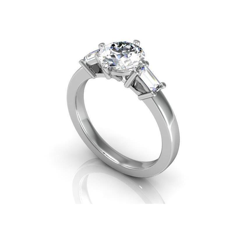 Three Stone White Gold 14K Round And Baguette Cut 2.50 Ct Diamonds Engagement Ring Three Stone Ring