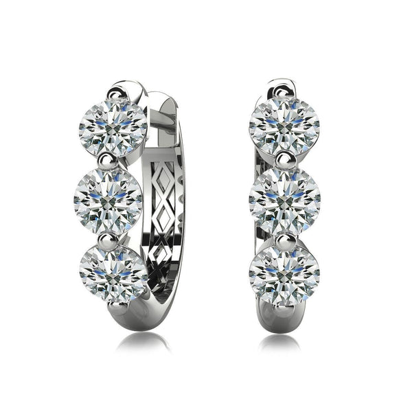 Three Stone Women Hoop Earrings 3Ct Round Cut Diamonds White Gold 14K Hoop Earrings