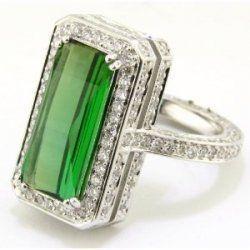 Green Tourmaline And Diamonds 15.75 Ct Anniversary Ring White Gold 14K