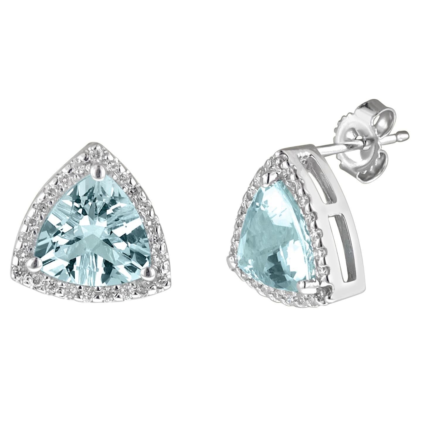 Lady’s  Round Anniversary Trillion Cut Aquamarine With Round Diamonds   Studs Earring Halo Cluster 