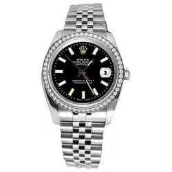 Very Fine Rolex Date Just Black Stick Dial Diamond Bezel Ss Watch QUICK SET