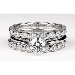 Vintage Look Round Diamond Engagement Ring Set White Gold 14K 2 Carats