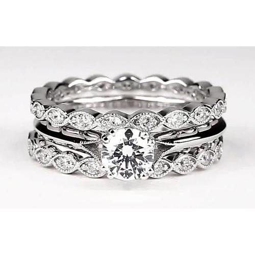 Vintage Look Round Diamond Engagement Ring Set White Gold 14K 2 Carats Engagement Ring Set