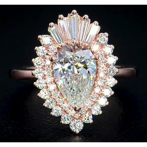 Vintage Looking Pear Diamond Halo Ring Rose Gold 14K Halo Ring