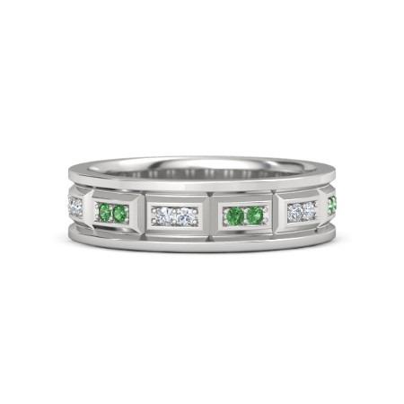 Vintage Type Band Diamonds Green Emerald F Vs1 Vvs1 White Gold 14K Mens Ring