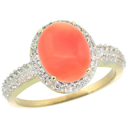 Wedding Ring Oval Coral And Round Diamonds Gold Yellow  Gemstone Ring