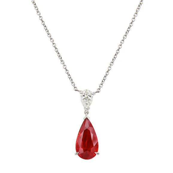 White 14K  3.50 Ct Pear Cut Red Ruby Diamond Pendant Necklace Gold Gemstone Pendant