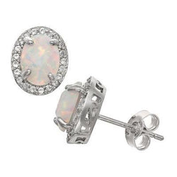 White Gold 14K 10.80 Carats Opal & Pave Natural Earth Mined Diamonds Stud Halo Earrings