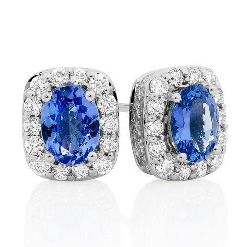 White Gold   Women Tanzanite And Diamonds Studs  Fancy Princess Cut Style  Earrings Halo Gemstone Earring