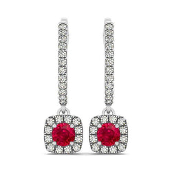 White Gold 14K 7 Ct Round Ruby With Natural Earth Mined Diamonds Dangle Earrings