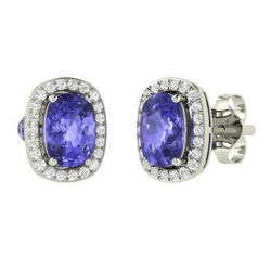 Blue Tanzanite With Halo Diamond Stud Earrings 5.50 Carat White Gold